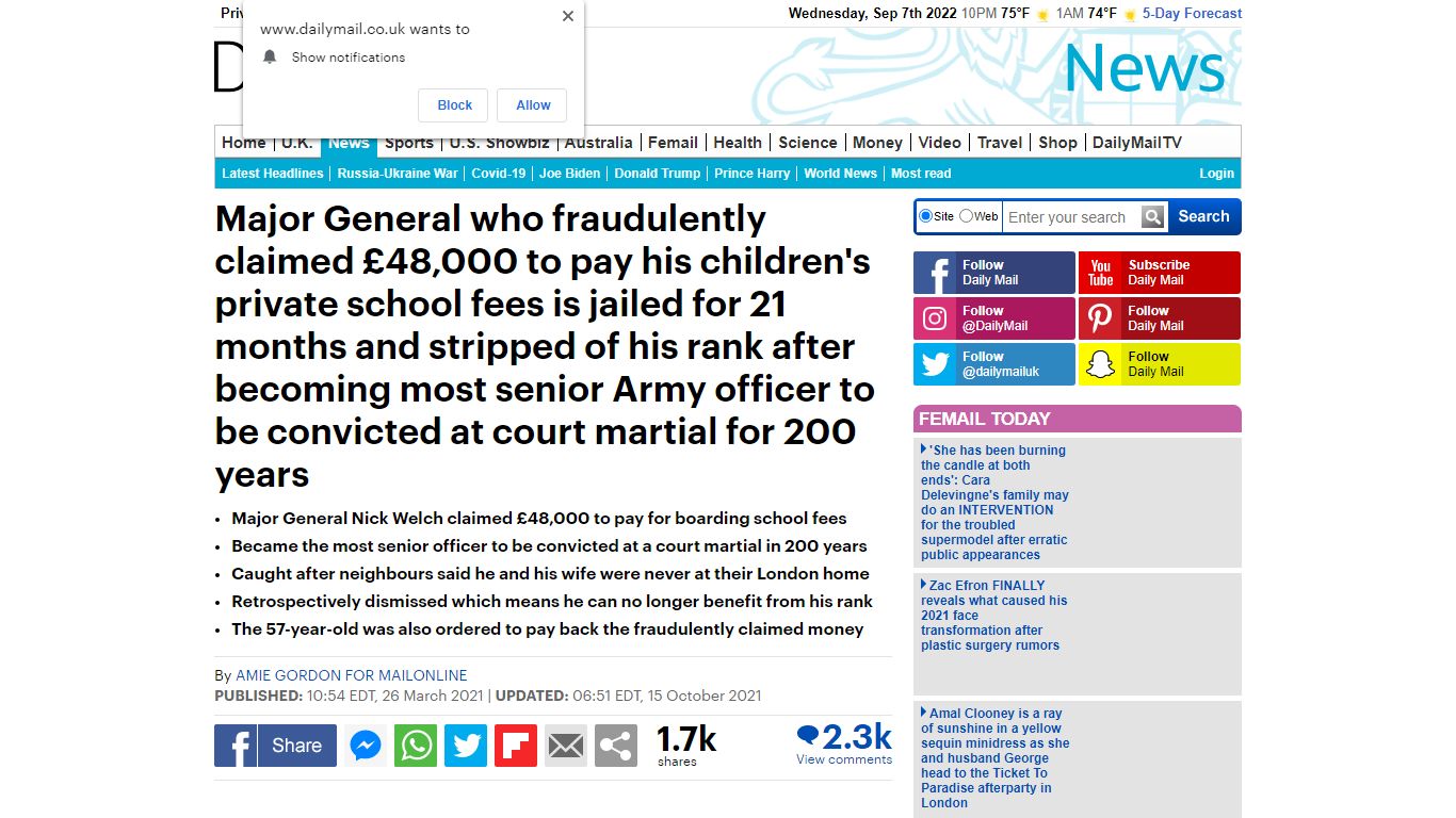 Major General is jailed for 21 months - Mail Online