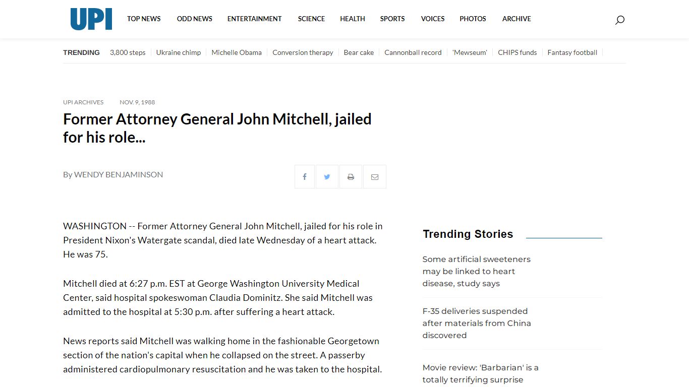 Former Attorney General John Mitchell, jailed for his role... - UPI